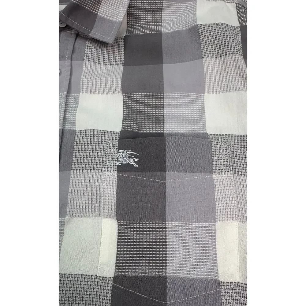 Burberry Brit Gray White Plaid Check Button Down Shirt Mens XL Equestrian Knight - Picture 7 of 14